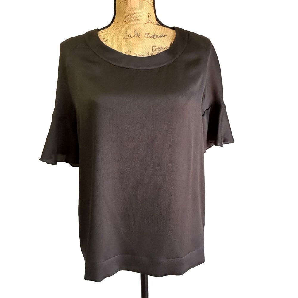 Anna Rachele Women’s Black Round Neck Elbow Length Flounce Sleeve Blouse Sz 8